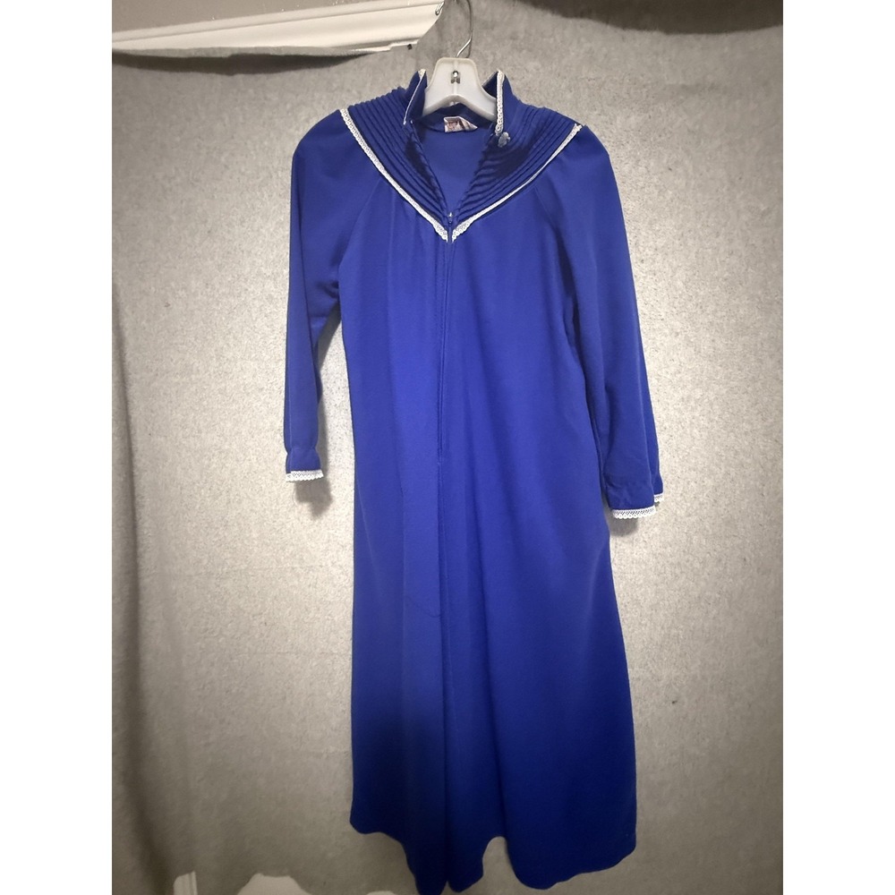 Vintage Ma Cherie Robe Womens Medium Blue‎ Velour Zip Kaftan Lace Cuffs